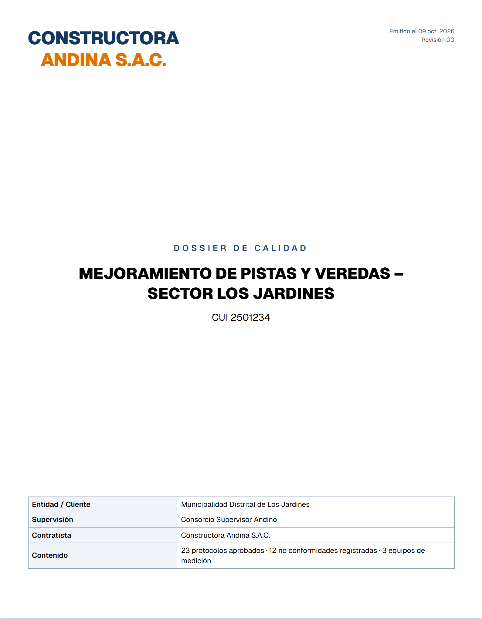 Portada del dossier de calidad de una obra de pistas y veredas