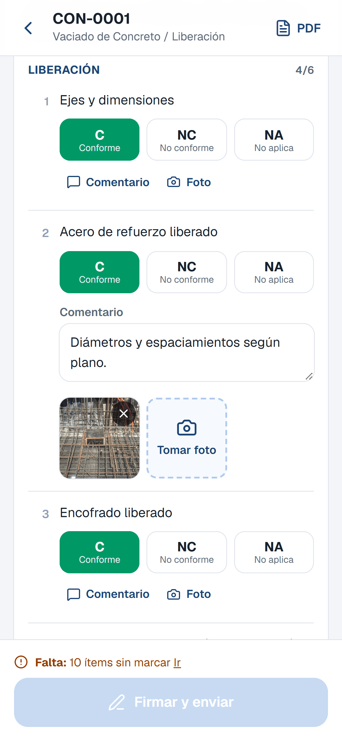 Protocolo de liberación de concreto en el celular: acero de refuerzo conforme, con comentario y foto de obra