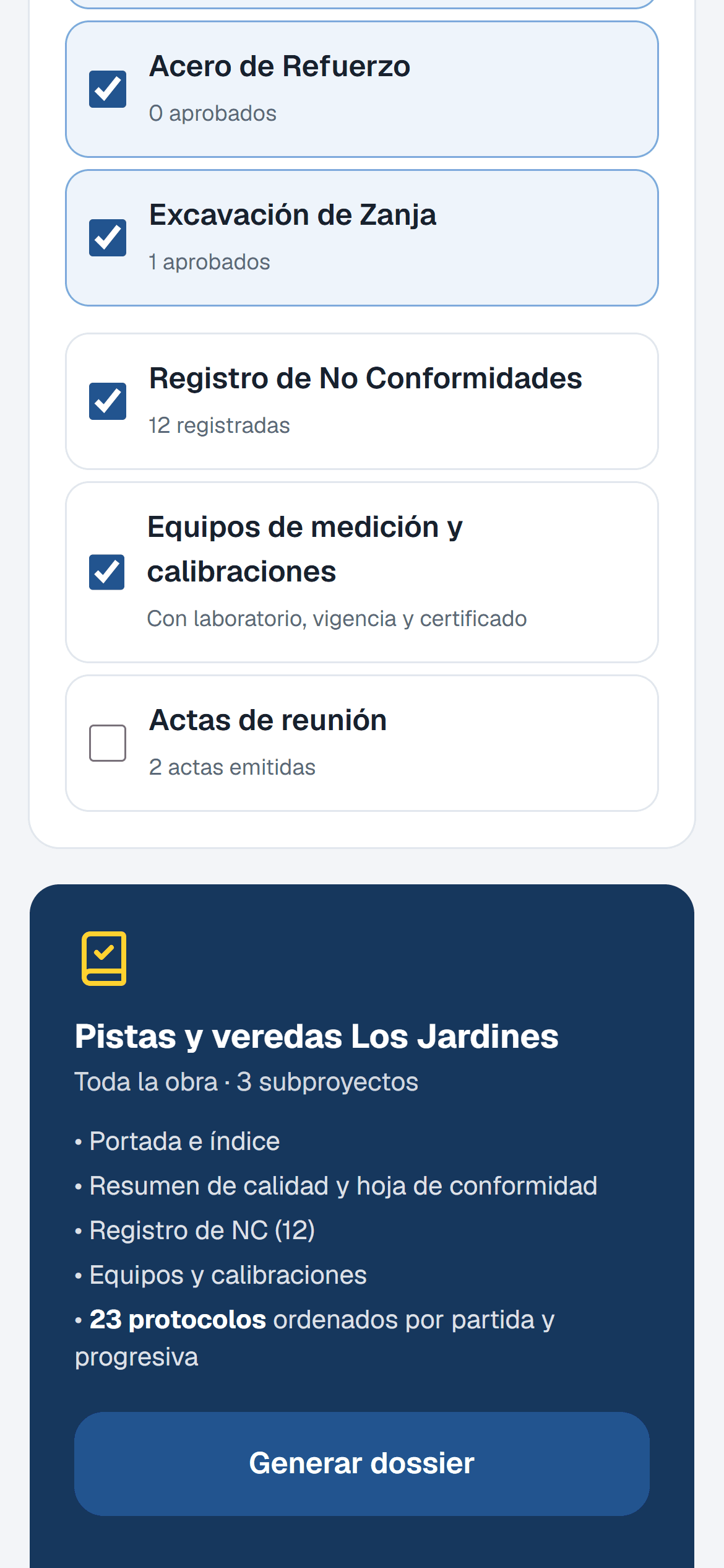 Dossier de calidad: elige qué incluir y genéralo con un clic