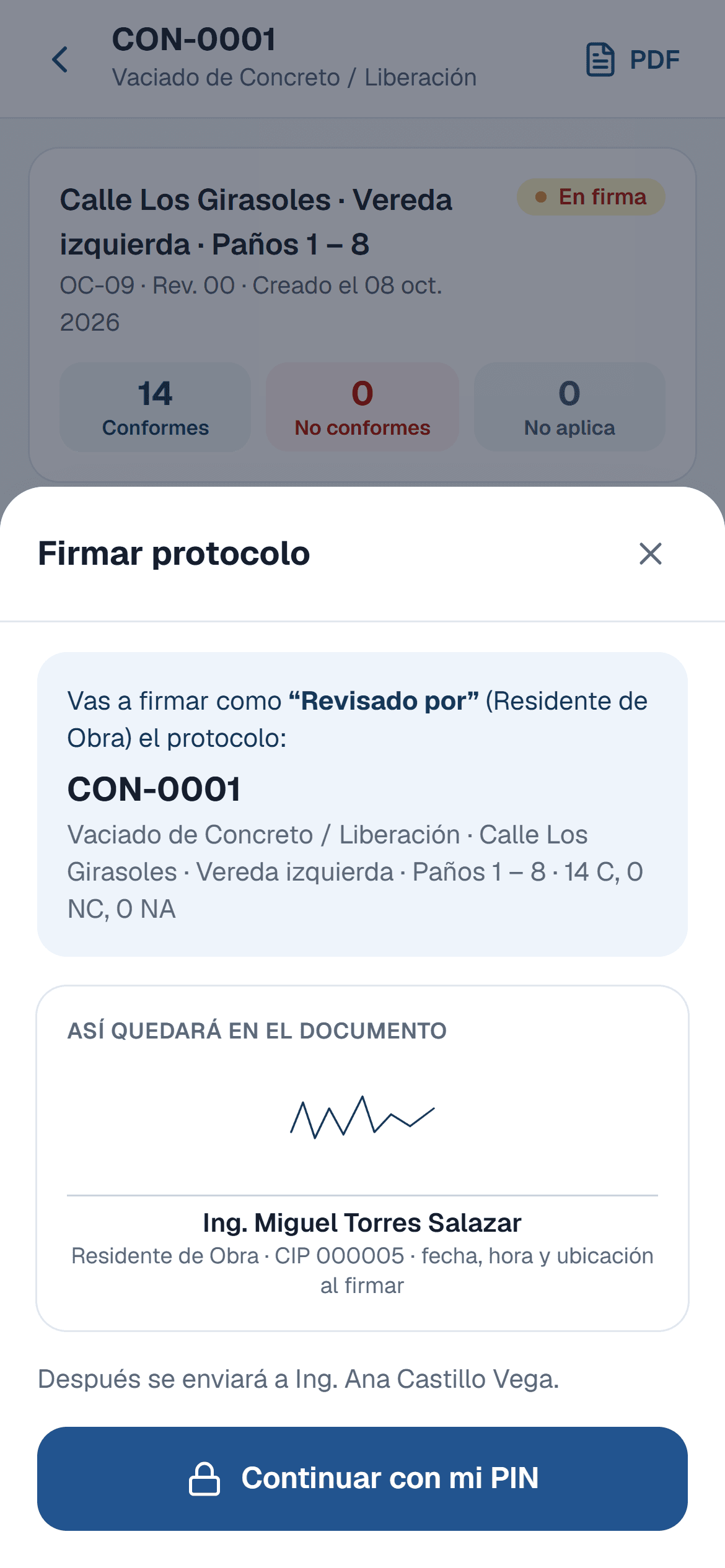 Firma de un protocolo: vista previa de la firma con nombre, cargo y CIP antes de ingresar el PIN
